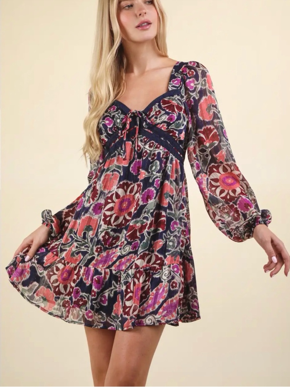 Boho Floral empire waist sweetheart neck dress from Pink Lily boutique